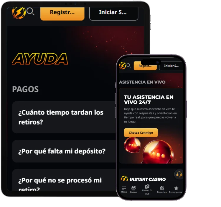 Instant Win casino móvil con sección de ayuda, preguntas frecuentes y soporte en vivo
