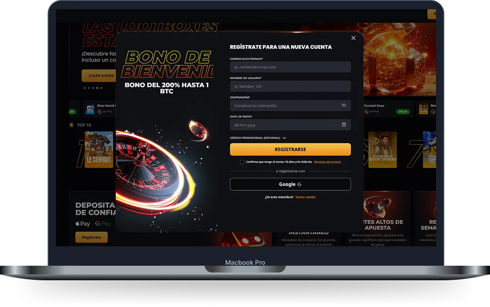 Instant Win casino registro con bono de bienvenida del 200% y formulario de nueva cuenta